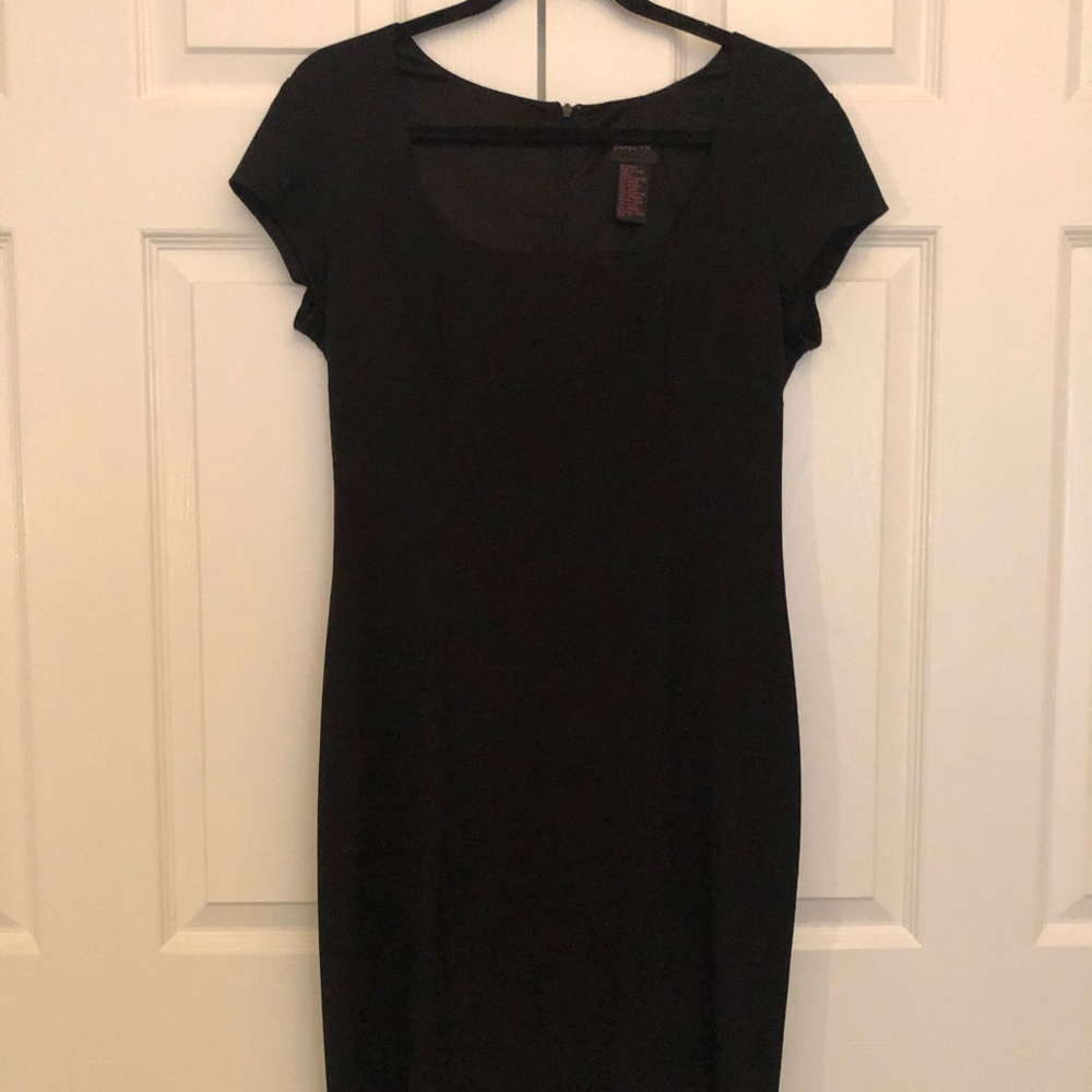Black Crepe Evening Dress, Cap Sleeves & Round Neckline,
